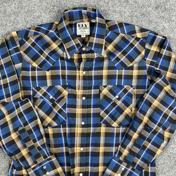 Ely Cattleman Button-Up Shirt Mens M Blue Tan Plaid Western Pearl Snap - Picture 1 of 9